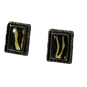 Faux Tigers Eye Silver Tone Border Rectangular Earrings .5" No Backs Classic
